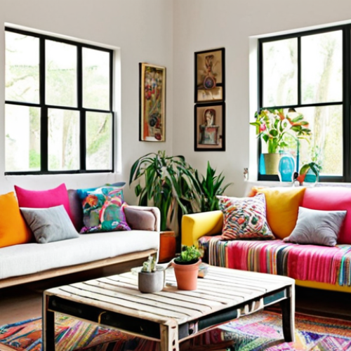 Home 4 **A creatively upcycled living room:** "A bright and airy living room featuring furniture and decor items cleverly made from recycled materials, like plastic bottles transformed into planters and old fabric scraps sewn into colorful throw pillows. The room should feel innovative and eco-friendly with lots of natural light."
