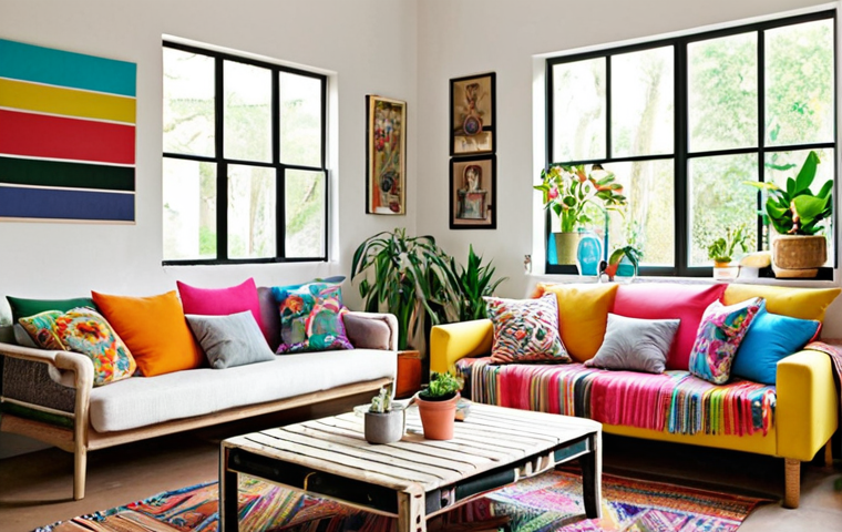**A creatively upcycled living room:** "A bright and airy living room featuring furniture and decor items cleverly made from recycled materials, like plastic bottles transformed into planters and old fabric scraps sewn into colorful throw pillows. The room should feel innovative and eco-friendly with lots of natural light."